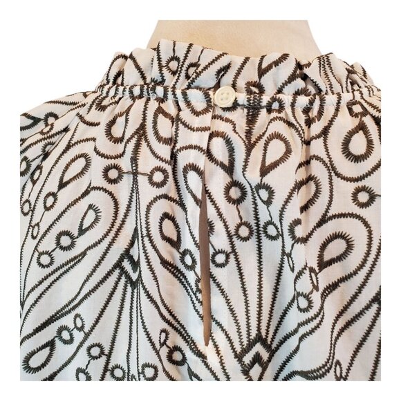 LOFT SZ S Embroidered Pattern Olive/Taupe & White 100% Cotton Short Sleeve Top - Picture 5 of 8